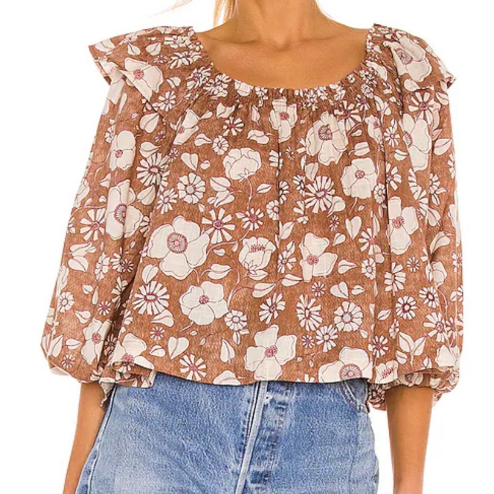 FREEPEOPLE MISS DAISY FLORAL PRINTED SMOCK BLOUSE IN BROWN & WHITE SIZE S NWT